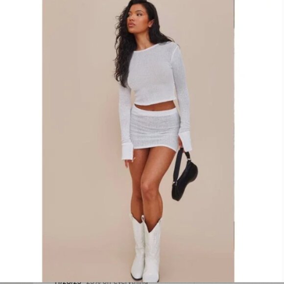 NWT Prettylittlething White Sheer Soft Rib Low Waist Micro Mini Skirt Size 2 - Picture 3 of 11